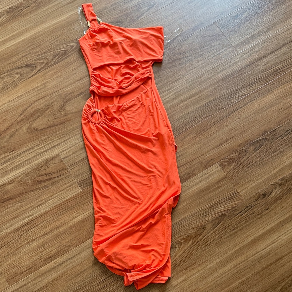 Windsor Bright Orange One-Shoulder Dress with Ring Detail